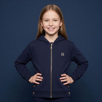 Girls Navy Blue Logo Hooded Zip Up Top