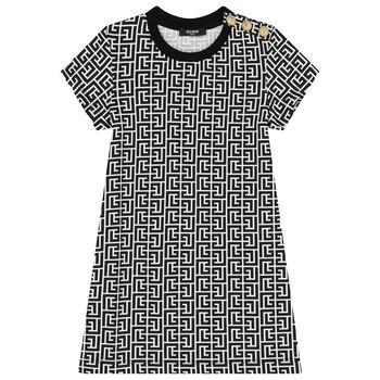 Girl Black & White Monogram Logo Dress