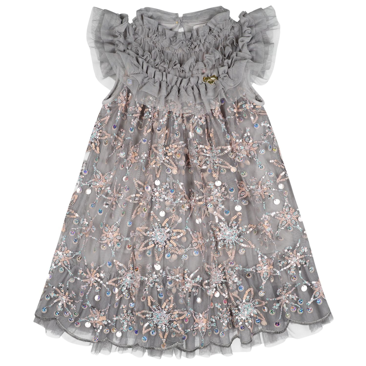 Girls Grey Flower Sequin Tulle Dominique Dress, 1, hi-res