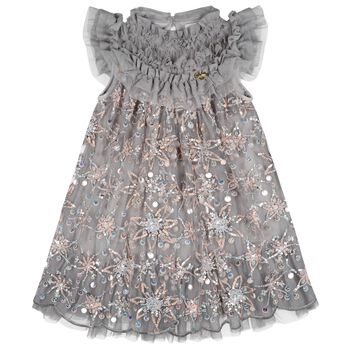Girls Grey Flower Sequin Tulle Dominique Dress