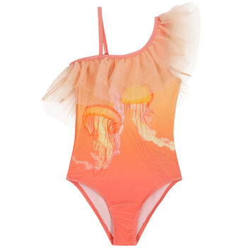 Girls Orange Jelly Fish Ruffle Swimsuit