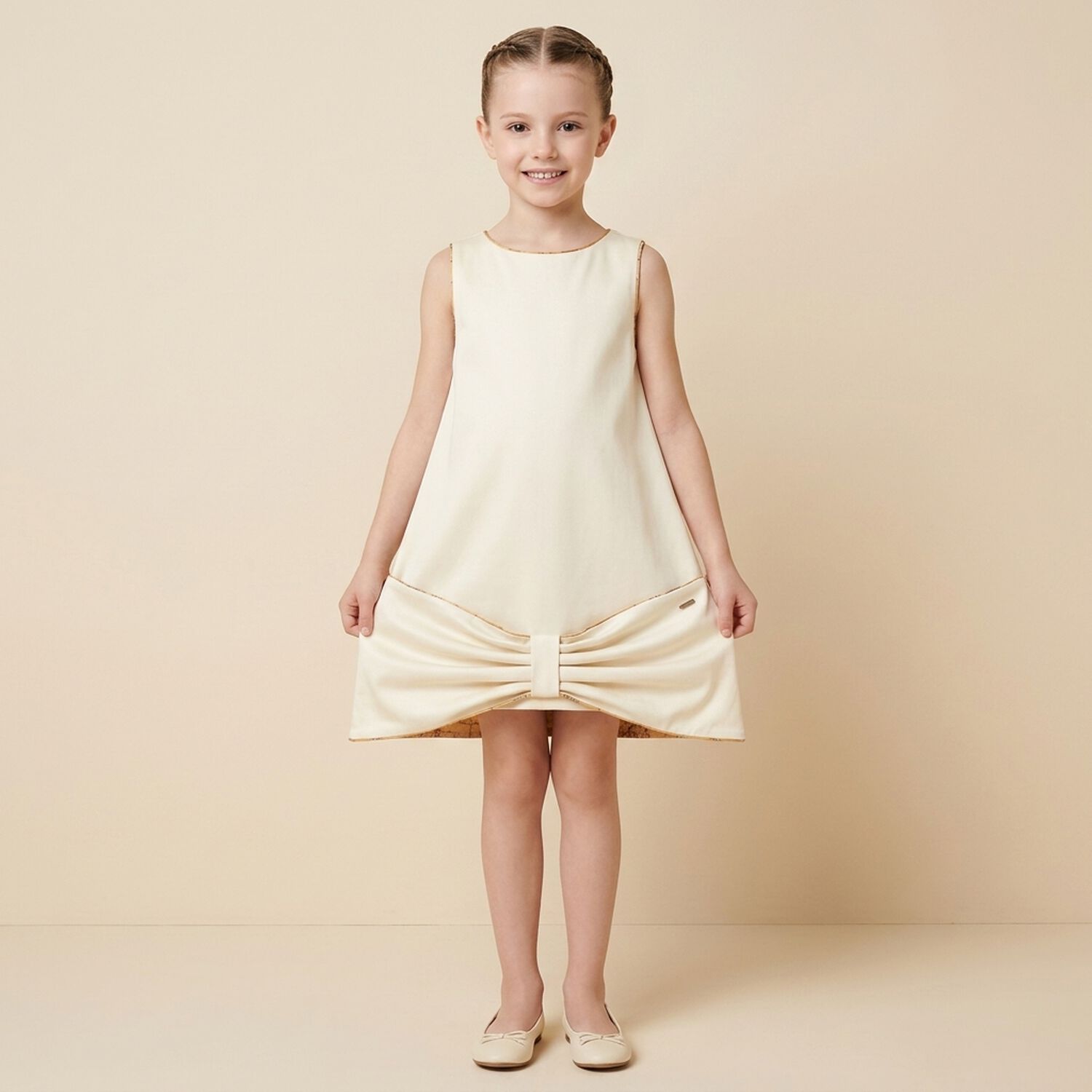 Girls Ivory Bow Dress, 1, hi-res