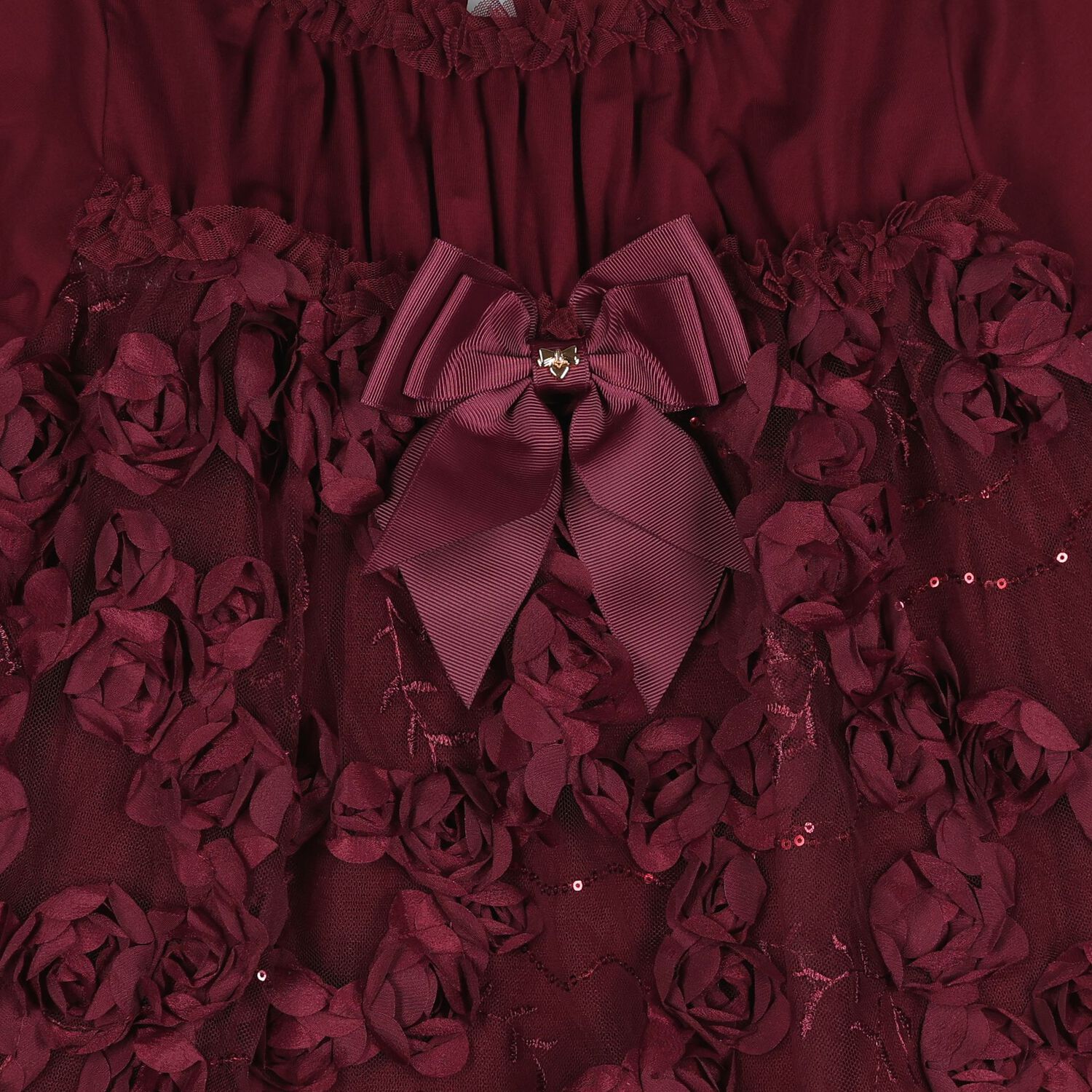 Girls Burgundy 3D Flower & Sequin Tulle Margot Dress, 1, hi-res