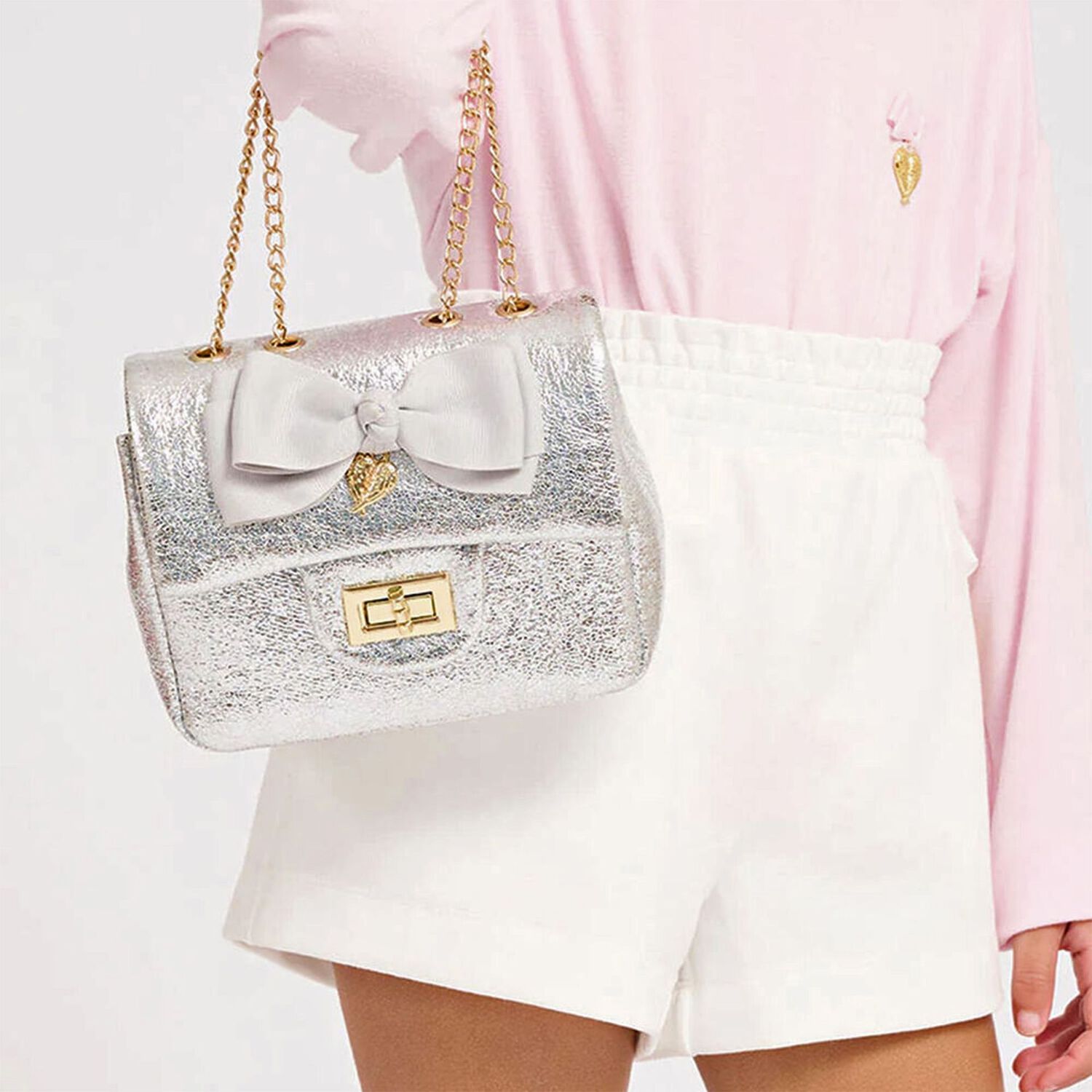Girls Silver Bow Handbag, 1, hi-res image number null