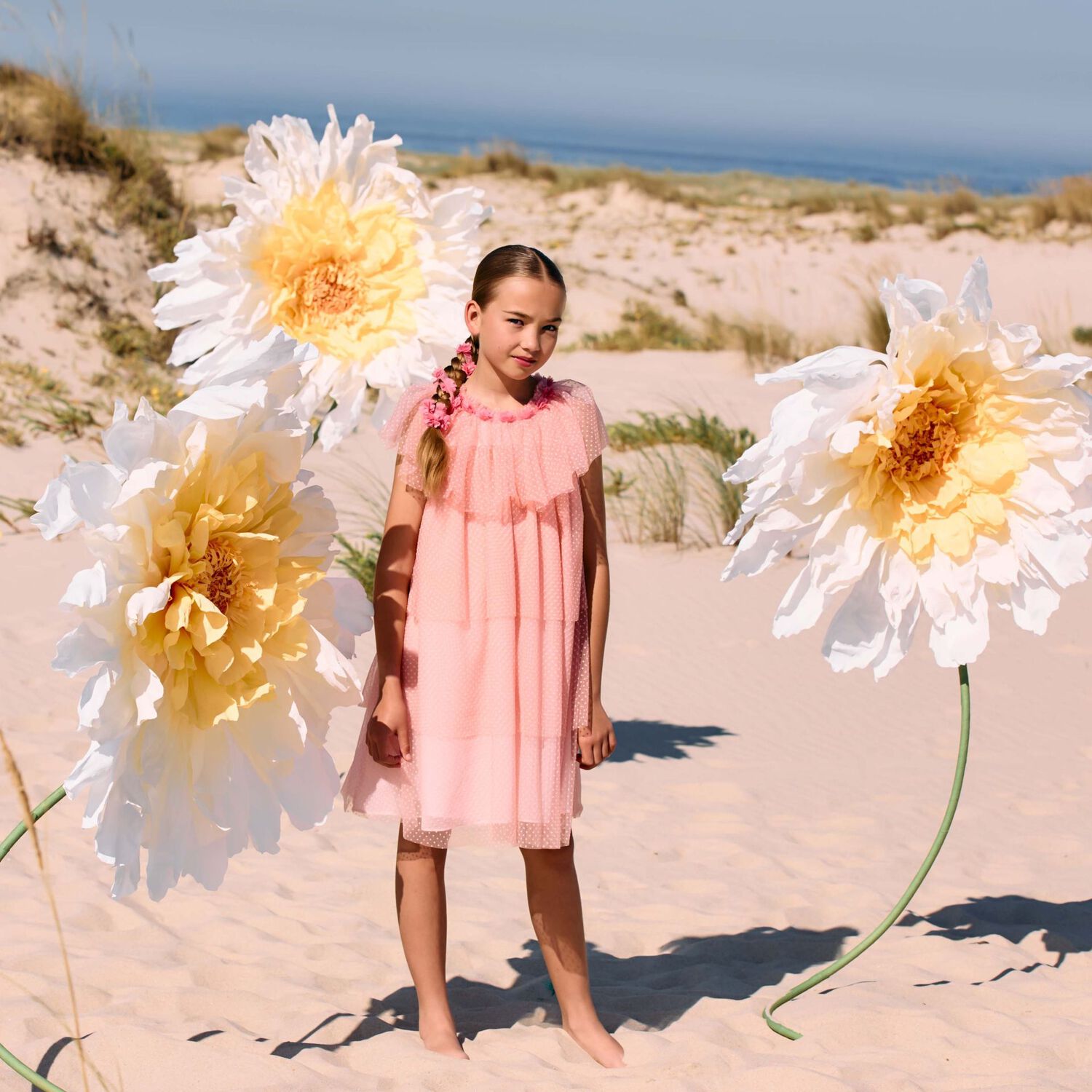 Girls Pink Polka Dot Tulle Dress, 1, hi-res