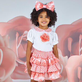 Girls White & Coral Roses Skirt Set