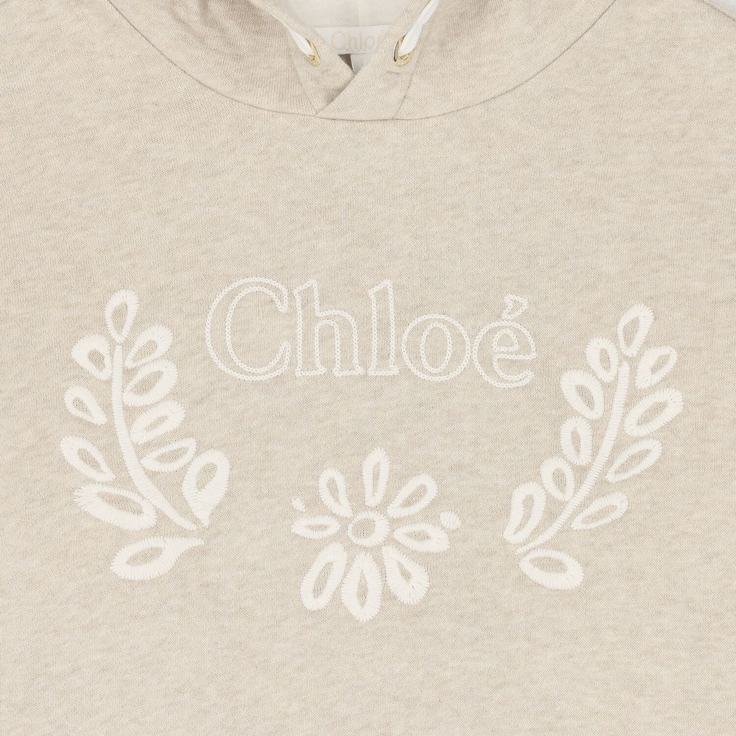 Girls Beige Embroidered Logo Hooded Top, 1, hi-res
