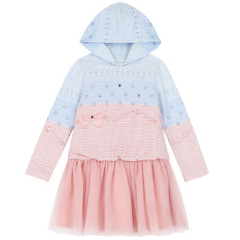 Girls Blue & Pink Embellished Hooded Dress