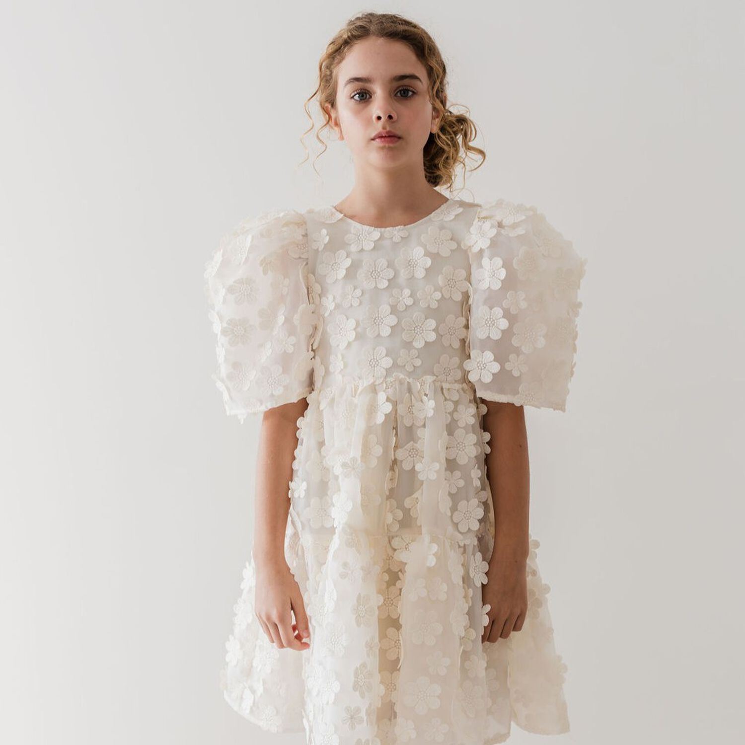 Girls Ivory Flower Organza Dress, 1, hi-res image number null
