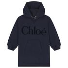 Girls Navy Blue Logo Hooded Dress, 1, hi-res