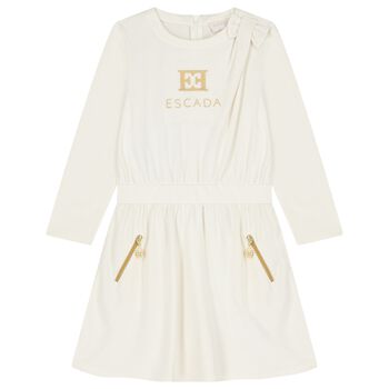 Girls Ivory & Gold Logo Dress