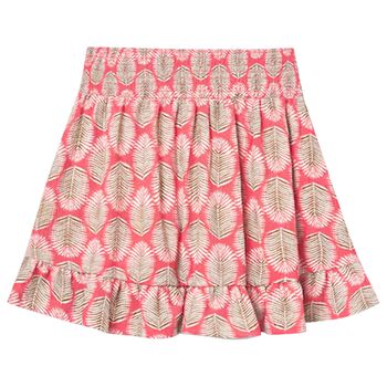 Girls Pink Tropical Leaf Ruffled Skirt