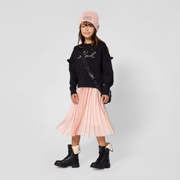 Girls Pink & Black Logo Pleated Skirt