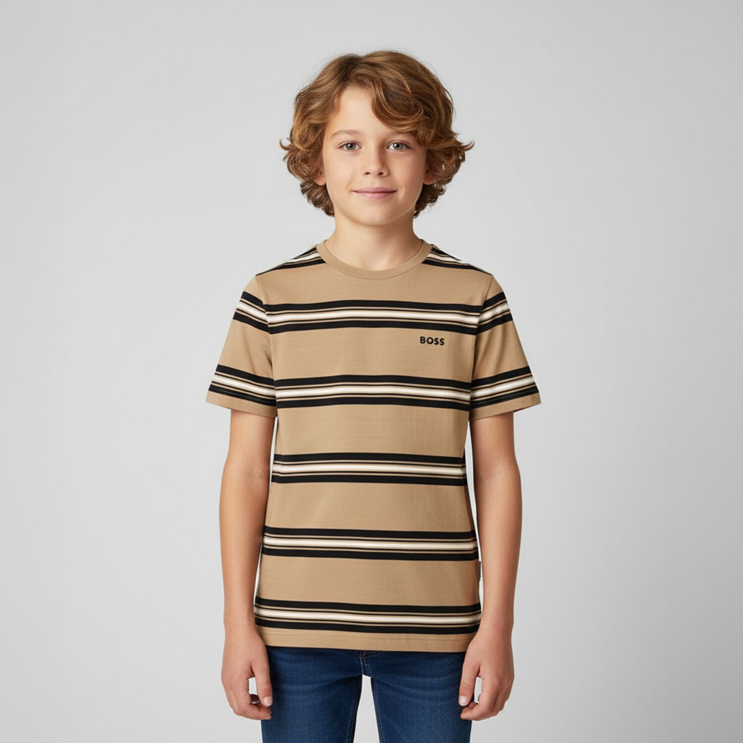 Boys Beige, Black & White Striped Logo T-Shirt, 1, hi-res image number null
