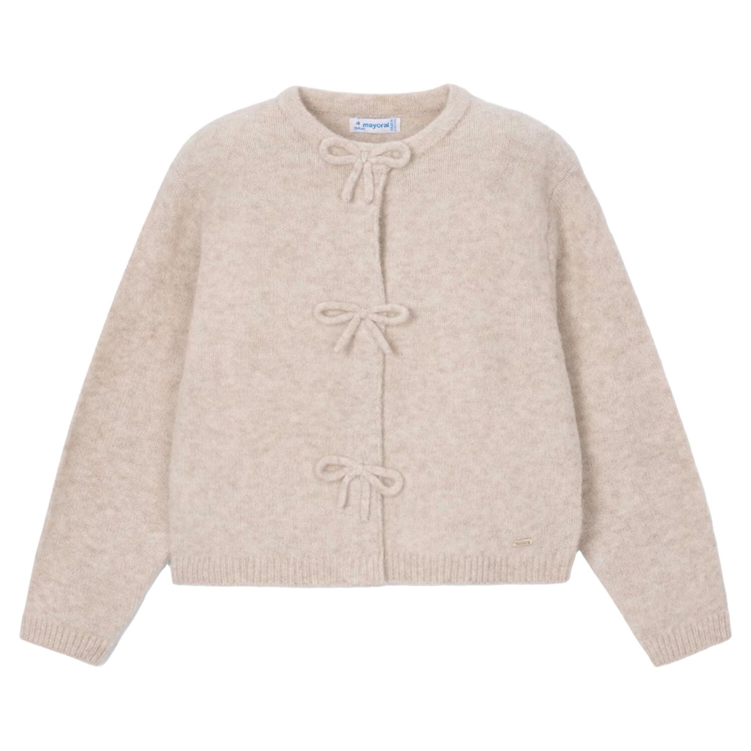 Girls Beige Bow Knitted Cardigan , 3, hi-res