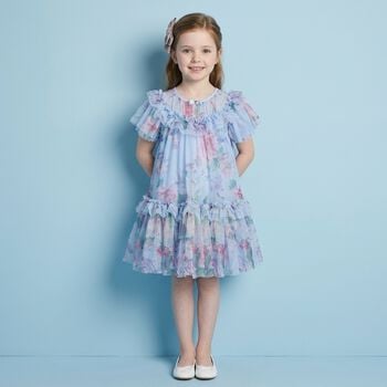 Girls Blue Floral Tulle Dress