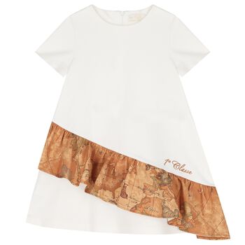 Girls White & Beige Geo Map Dress
