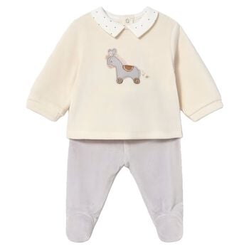 Baby Boys Ivory & Grey Horse 2 Piece Babygrow
