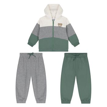 Younger Boys Ivory, Grey & Green 3-Piece Tracksuit