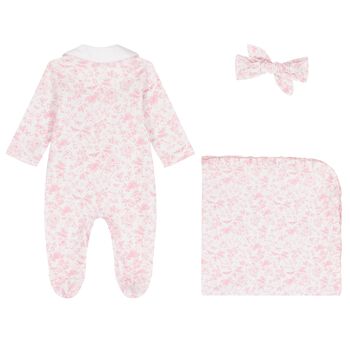 Baby Girls White & Pink Toile Babygrow Set