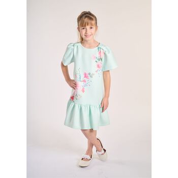 Girls Green Floral Satin Dress