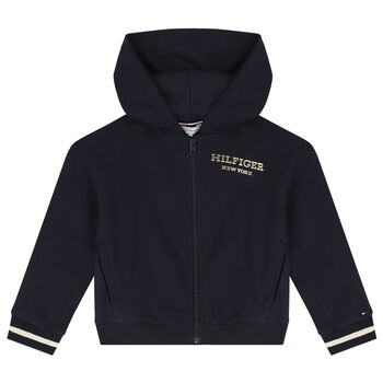 Girls Navy Blue Hooded Zip up Top