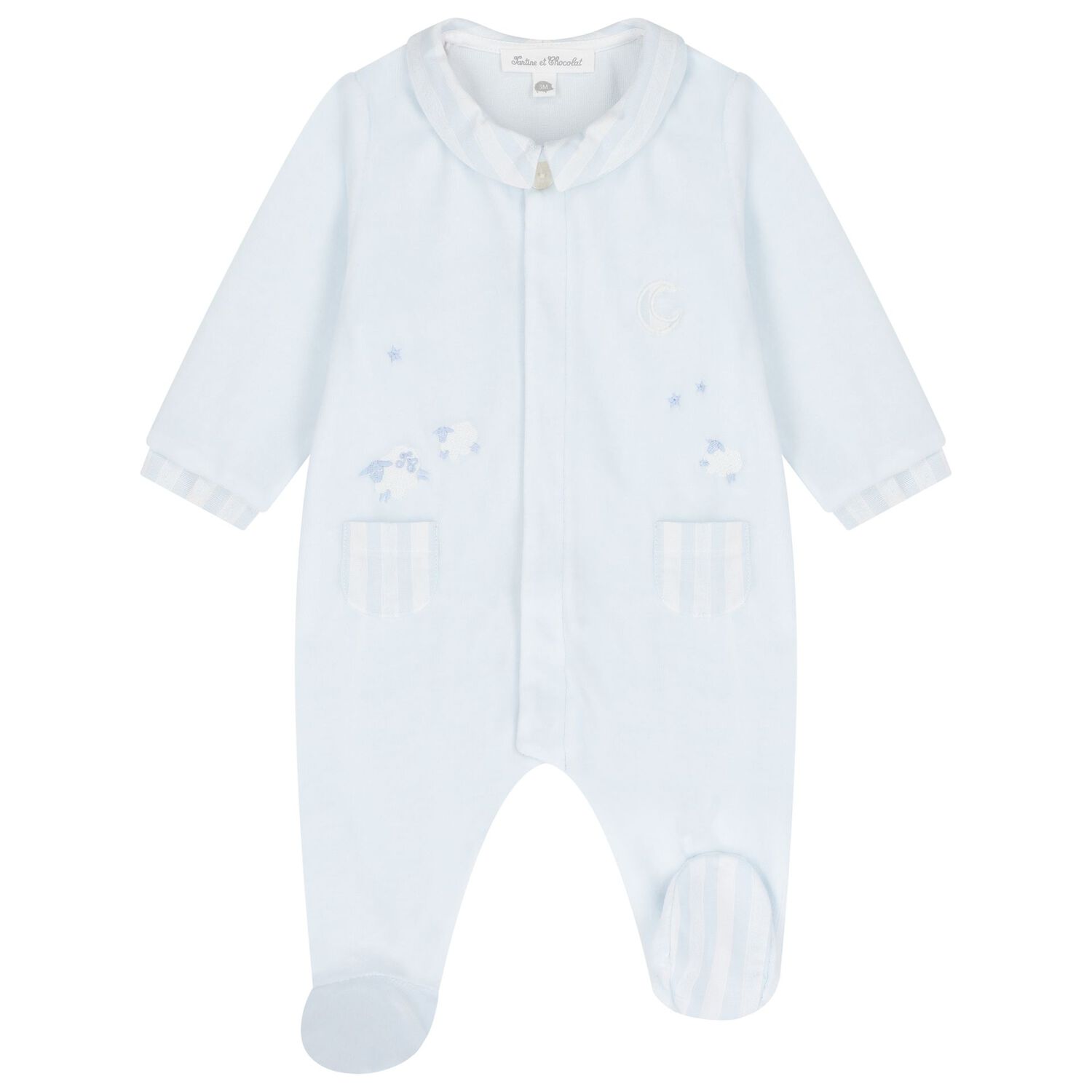 Blue Velour Sheep Babygrow, 3, hi-res