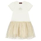 Girls Ivory & Gold Logo Dress, 1, hi-res