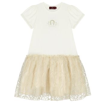 Girls Ivory & Gold Logo Dress