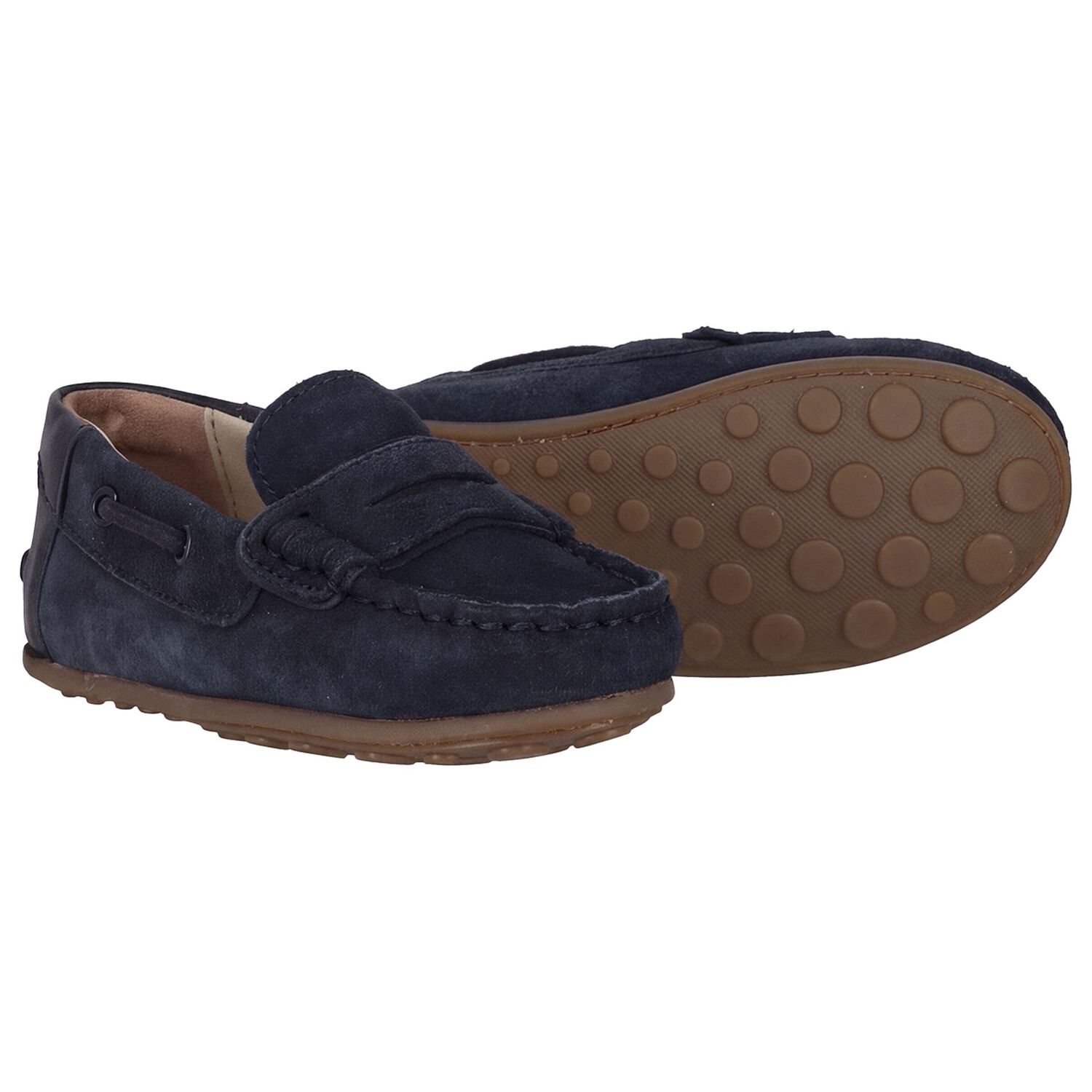 Younger Boys Navy Blue Suede Leather Moccasins, 2, hi-res
