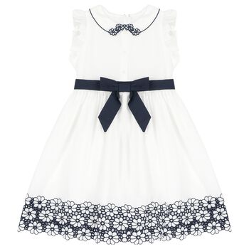 Girls White & Navy Blue Bow Dress