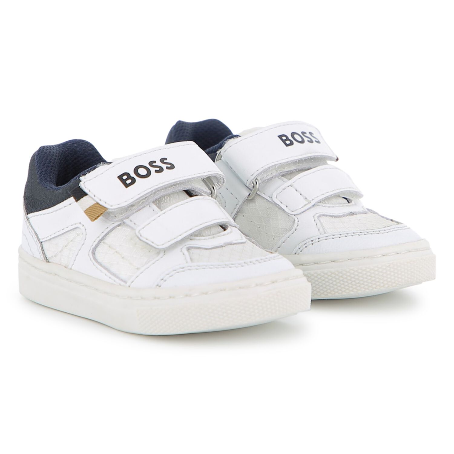 Boys White & Navy Blue Logo Trainers, 2, hi-res