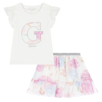 Girls White & Pink Floral Skirt Set