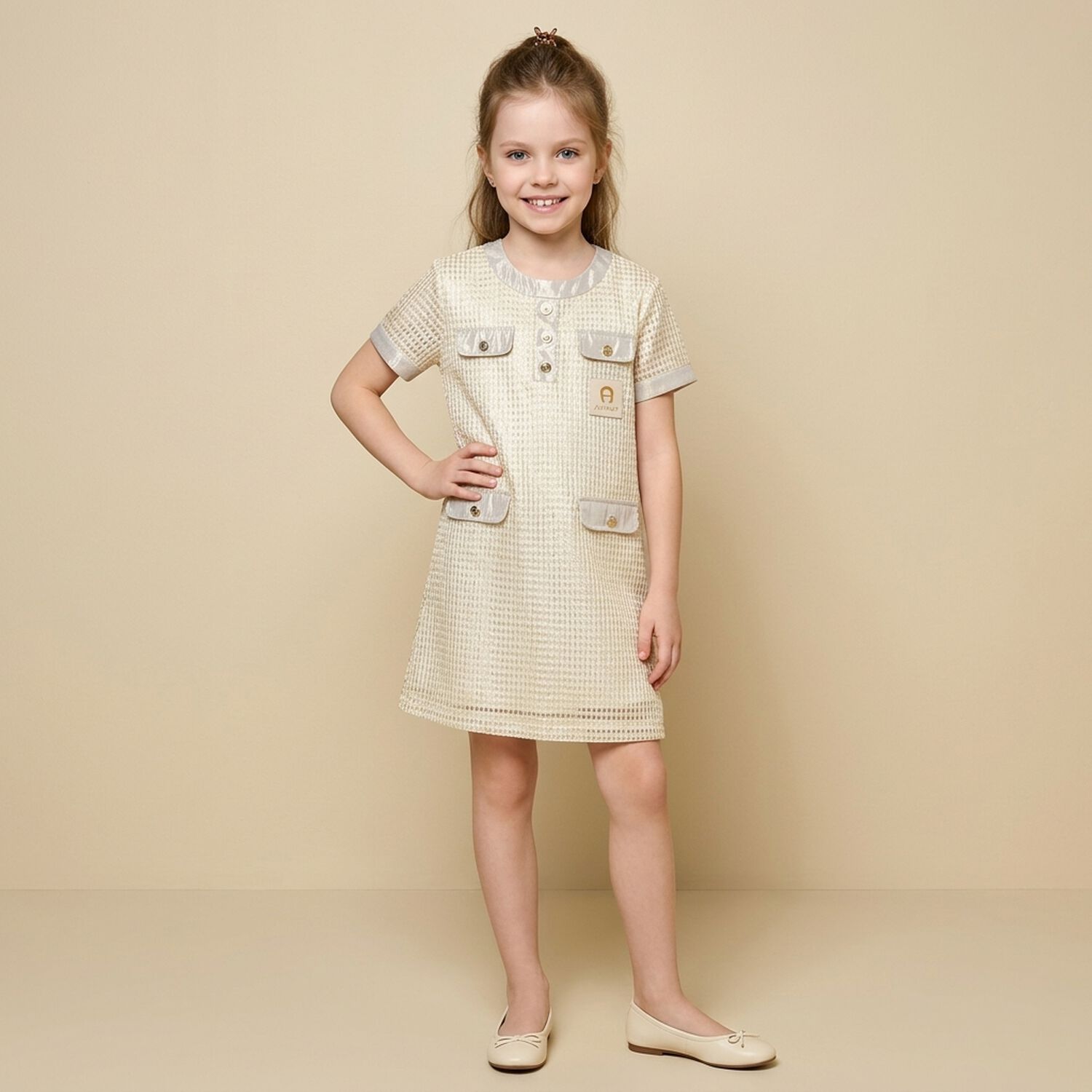 Girls Ivory & Gold Logo Dress, 1, hi-res