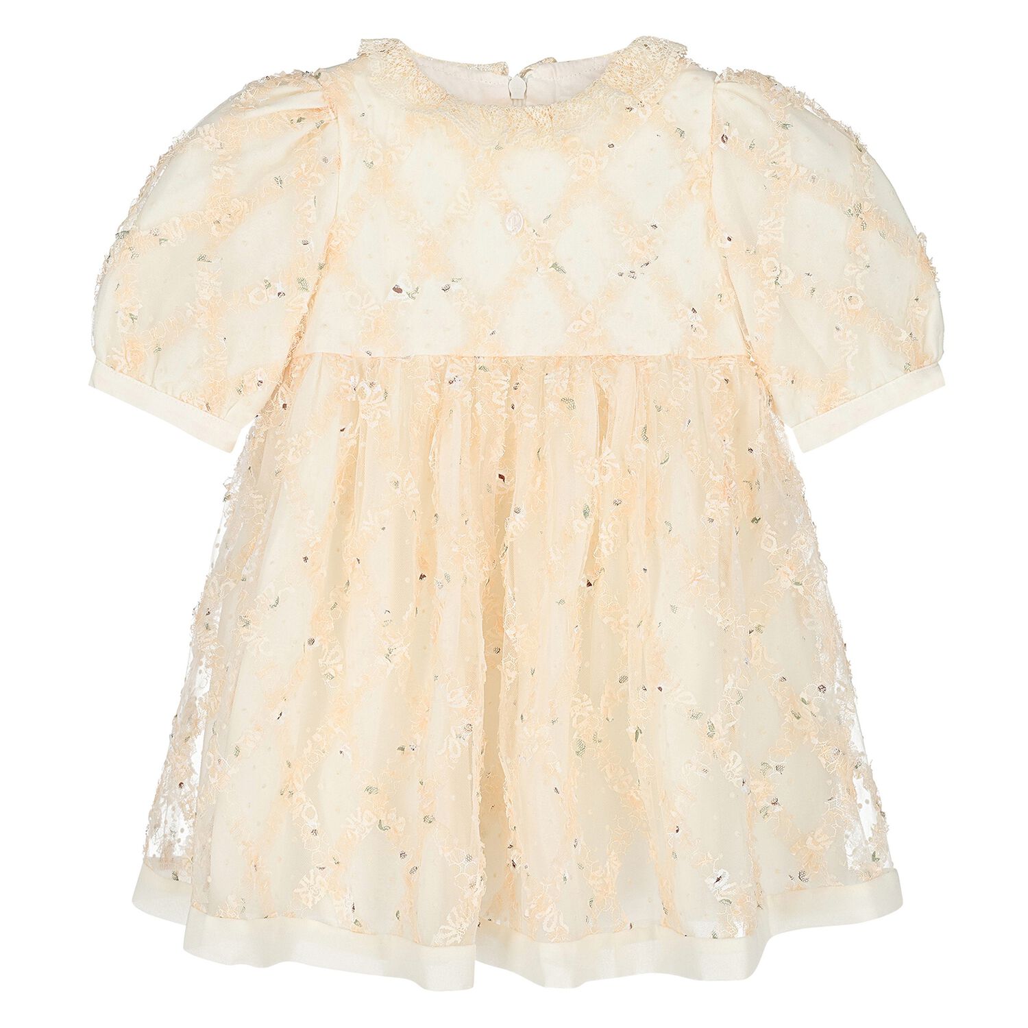 Younger Girls Ivory & Beige Embroidered Tulle Dress, 1, hi-res
