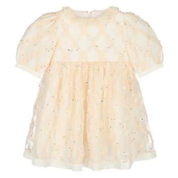 Younger Girls Ivory & Beige Embroidered Tulle Dress