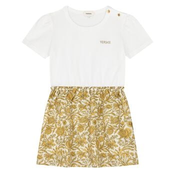 Younger Girls White & Gold Floral Dress