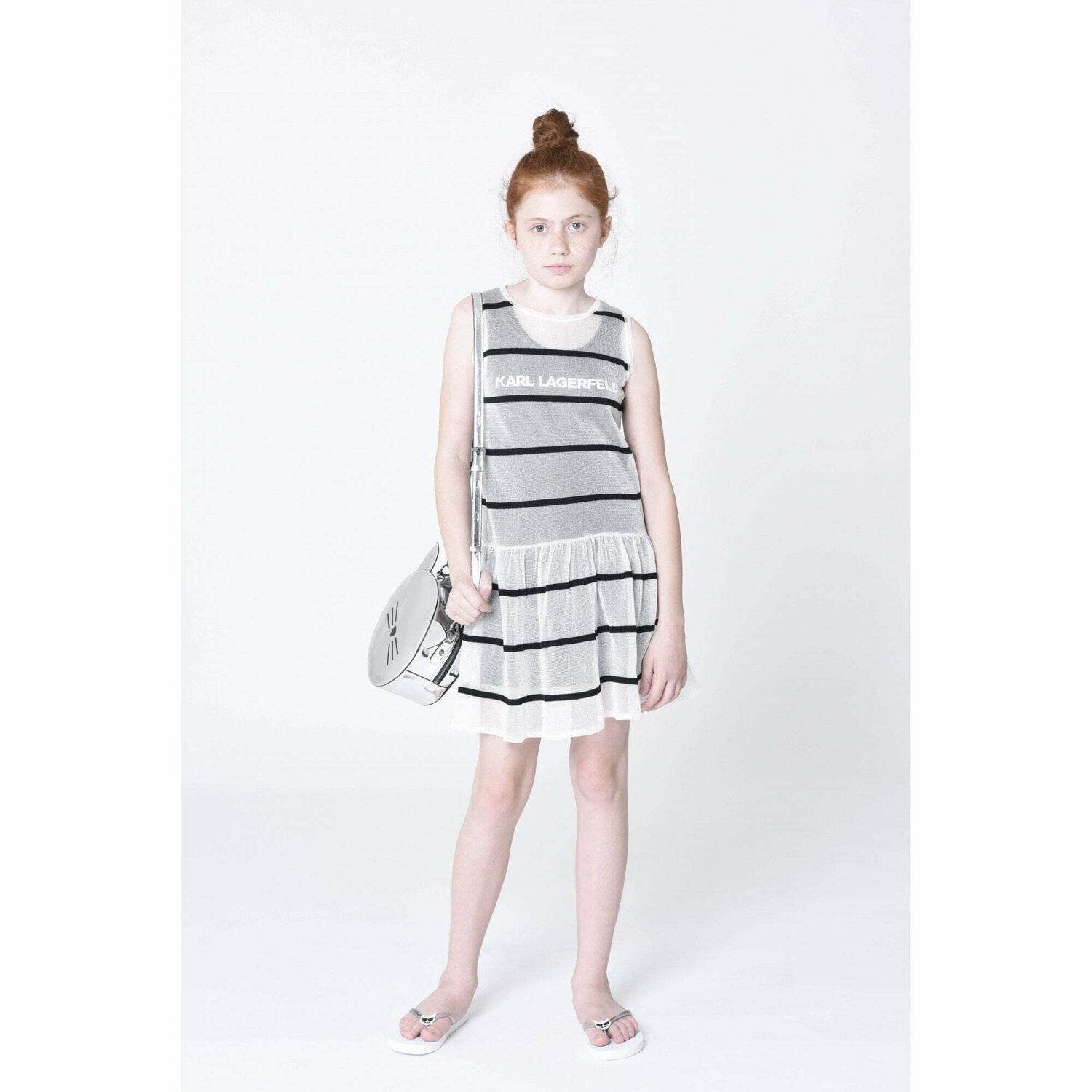 Girls Black & White Logo Dress, 1, hi-res