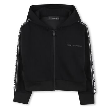 Girls Black Logo Hooded Zip Up Top