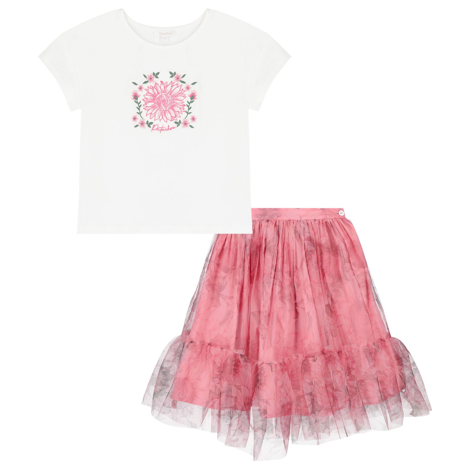 Girls White & Pink Floral Tulle Skirt Set, 1, hi-res image number null