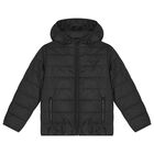 Boys Black Logo Padded Puffer Jacket, 1, hi-res