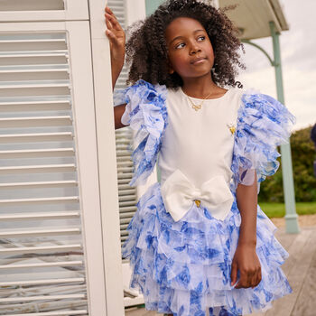 Girls White & Blue Tulle Top