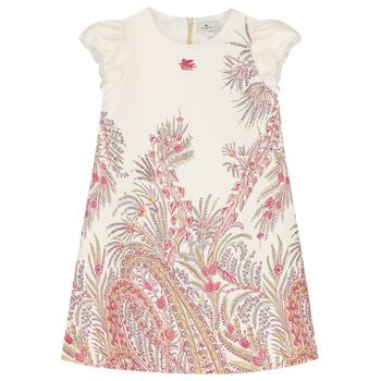 Girls Ivory & Pink Puffed Sleeve Dress