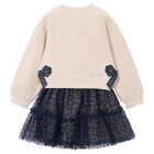 Girls Beige & Navy Blue Bow Tulle Skirt Set, 3, hi-res