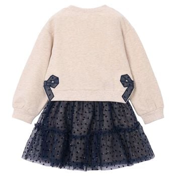Girls Beige & Navy Blue Bow Tulle Skirt Set