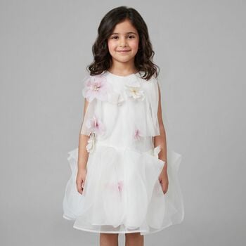 Girls White & Pink 3D Floral Organza Dress