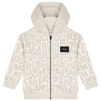Boys White & Beige Logo Hooded Zip Up Top