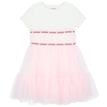 Girls White & Pink Logo Tulle Dress
