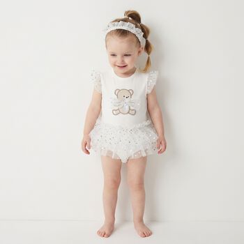 Baby Girls White Teddy Bear Bodysuit Dress Set