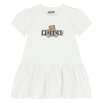 Younger Girls White Teddy Bear Logo Dress